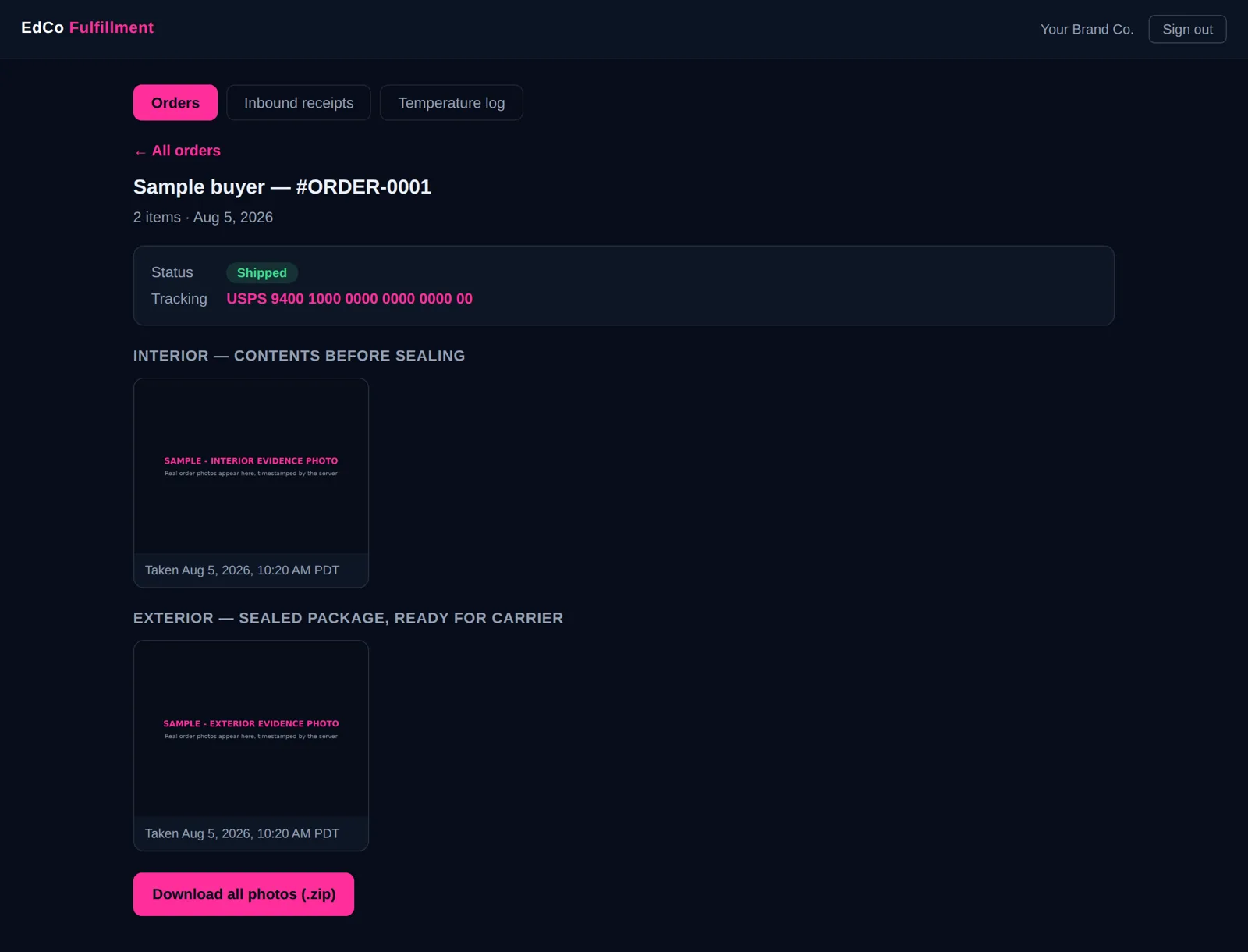 EdCo Evidence Portal — order view with interior and exterior photos, tracking and timestamps